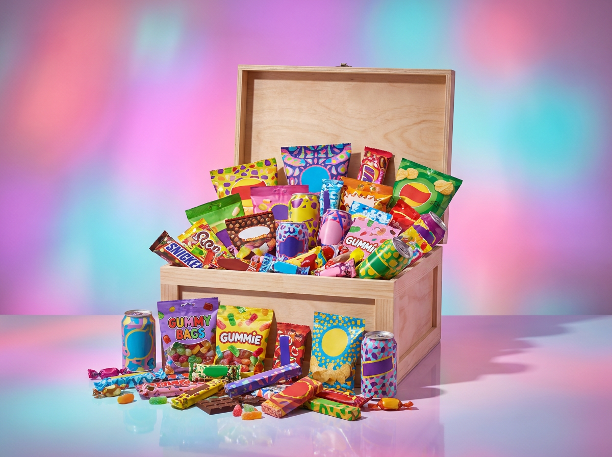 Mystery box overflowing with snacks